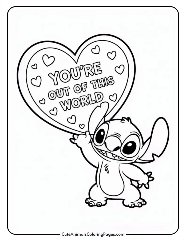 An animated character holds a heart-shaped sign reading "You're out of this world," surrounded by small hearts.