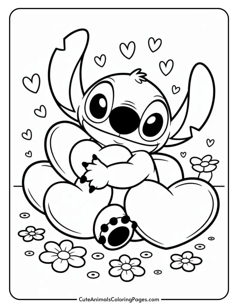 A cartoon alien character surrounded by hearts and flowers, smiling with open arms.