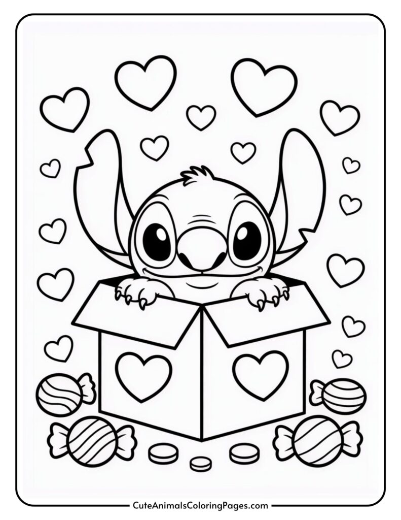 A cartoon character with big ears comes out of a box surrounded by hearts and candies.