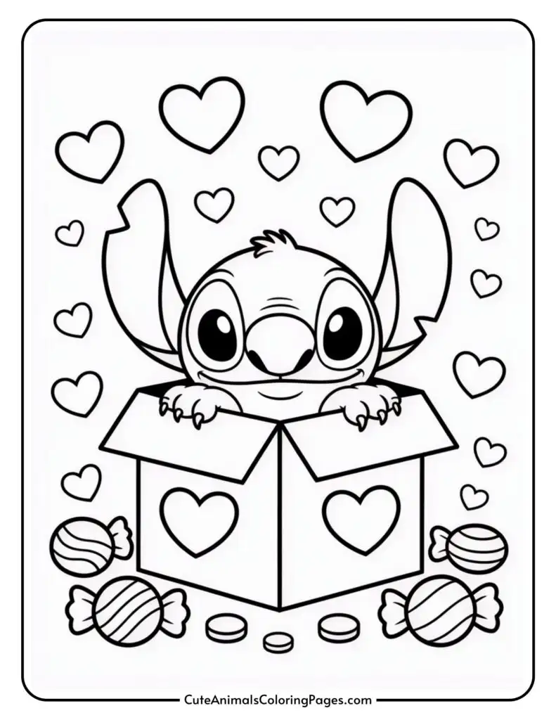 A cartoon character with large ears peeks out of a box surrounded by hearts and candies.