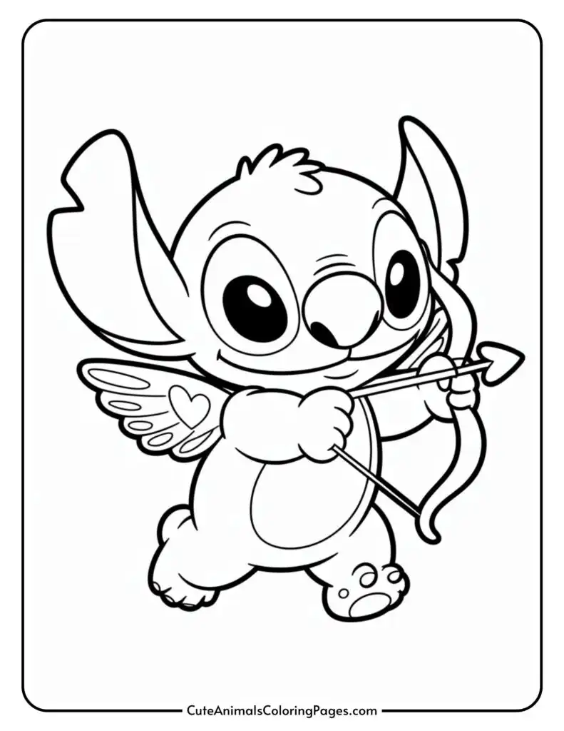 A cartoon creature with large ears and wings, holding a bow and heart-tipped arrow, resembling Cupid.