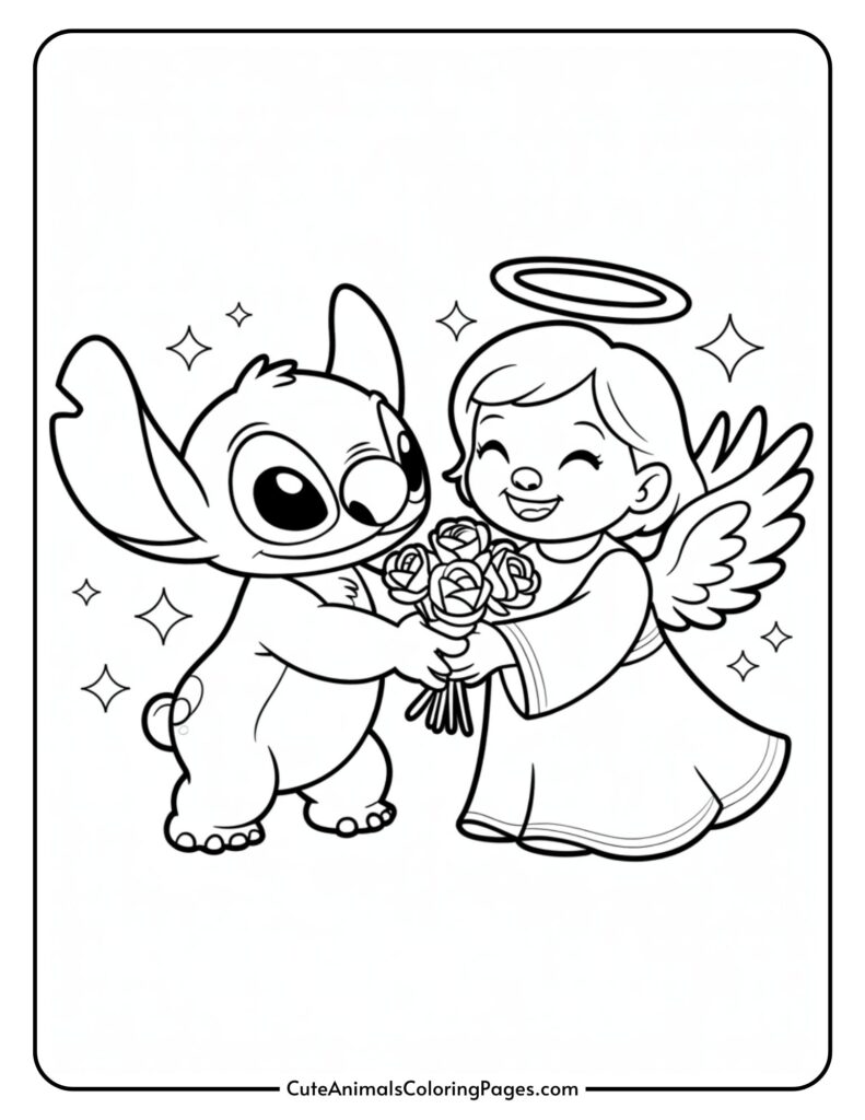 A cartoon creature and an angel with wings happily exchange a bouquet of flowers, surrounded by sparkles.