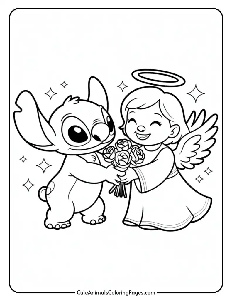 A cartoon creature and an angel with wings happily exchange a bouquet of flowers, surrounded by sparkles.