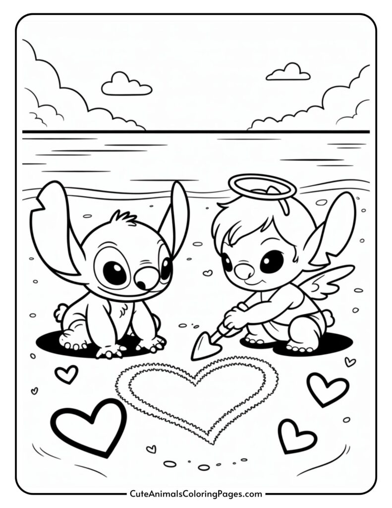A cartoon creature and an angel character draw a heart in the sand on a beach with hearts around it.