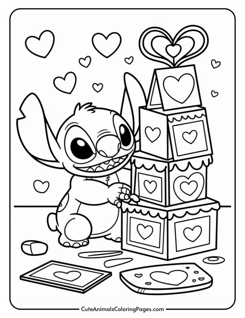 A cartoon creator combining heart-wrapped boxes, surrounded by hearts, with coloring tools nearby.