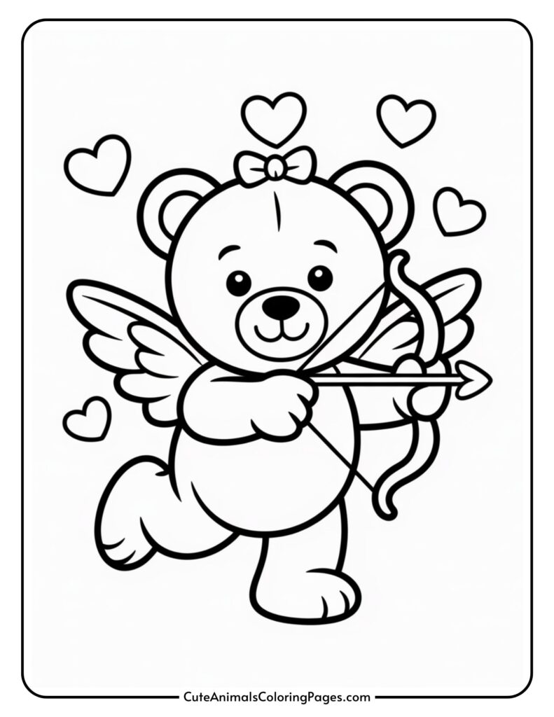 Cute cartoon teddy bear with wings, holding a bow and arrow, surrounded by heart shapes.