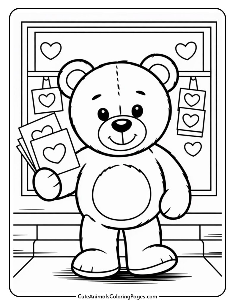 A cartoon teddy bear holding cards with hearts stands in front of an ornate window with heart-shaped designs.
