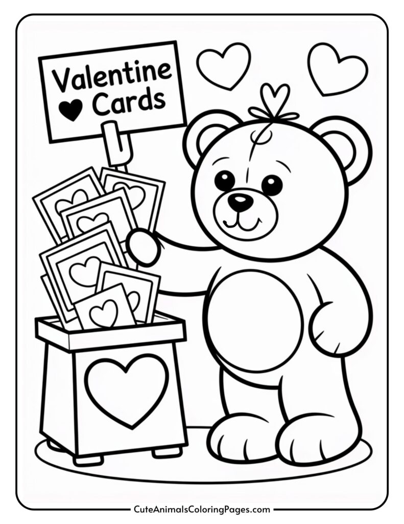 A cartoon bear standing next to a box of Valentine cards holding a hearty card.