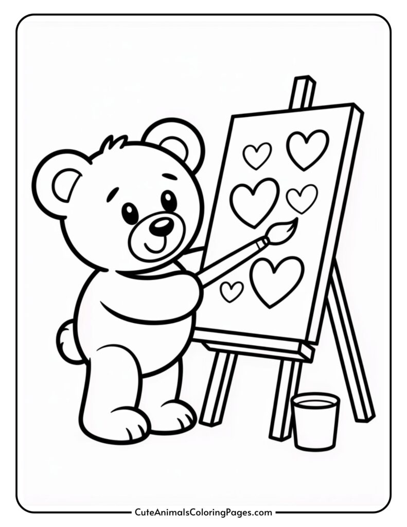 A cartoon bear drawing a heart on a canvas is standing next to the enamel with a brush in its paw.