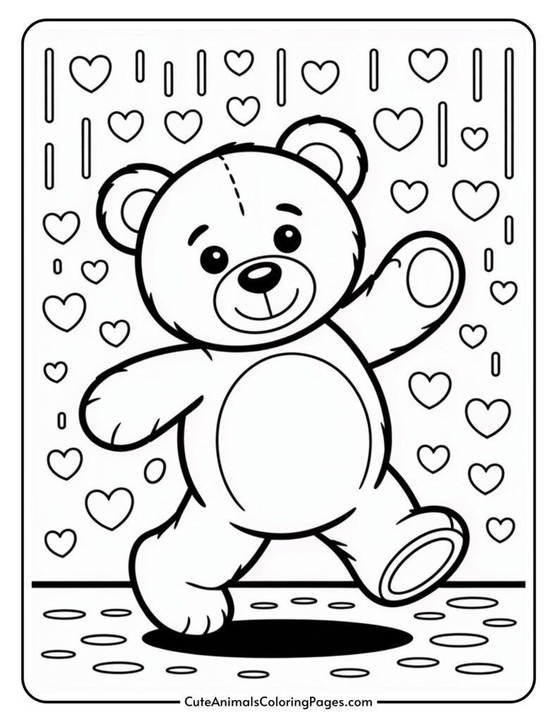 A cartoon teddy bear happily dances in the background.