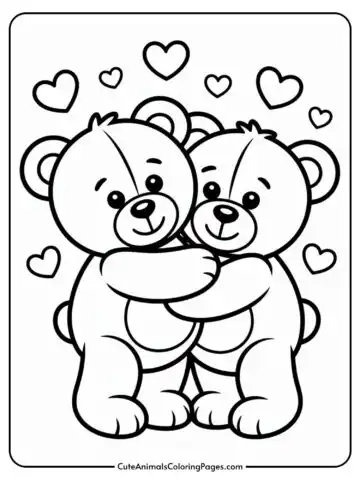 Two cartoon teddy bears hugging surrounded by hearts.