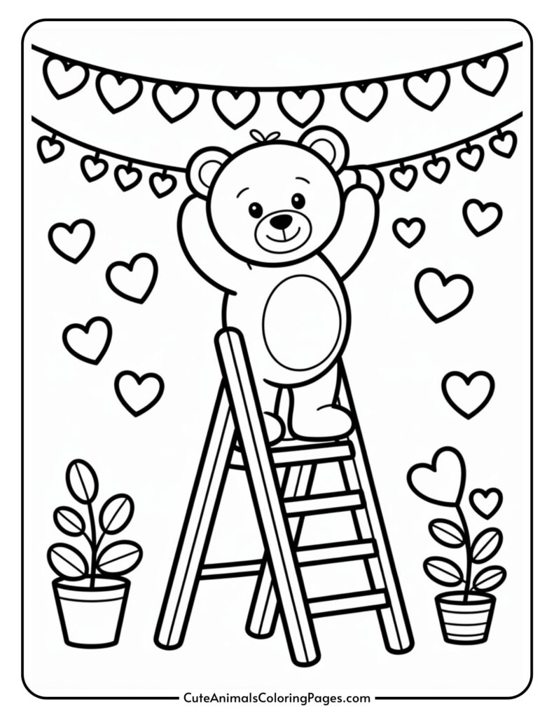 A cartoon bear stands on a ladder, hanging a string of heart shapes, surrounded by floating hearts and flowering plants.