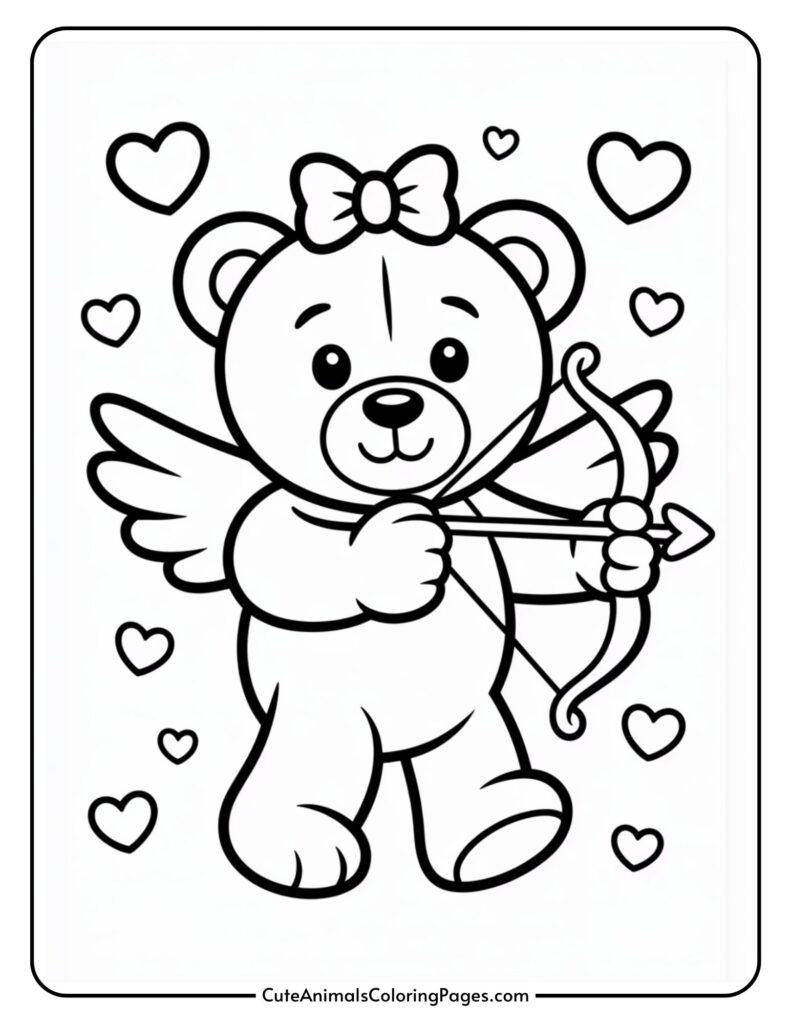 A cartoon teddy bear with a bow and arrow, wings and a bow on his head, surrounded by hearts.