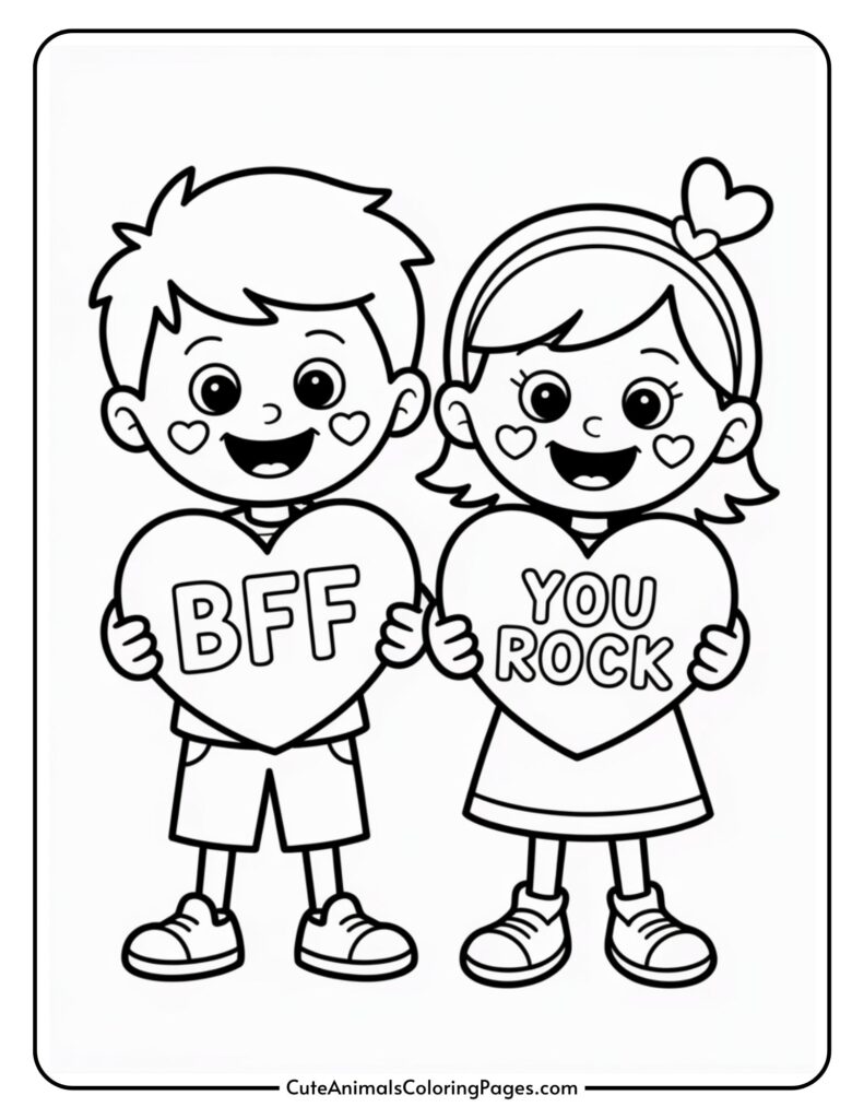 Two cartoon children holding heart signs; one says 