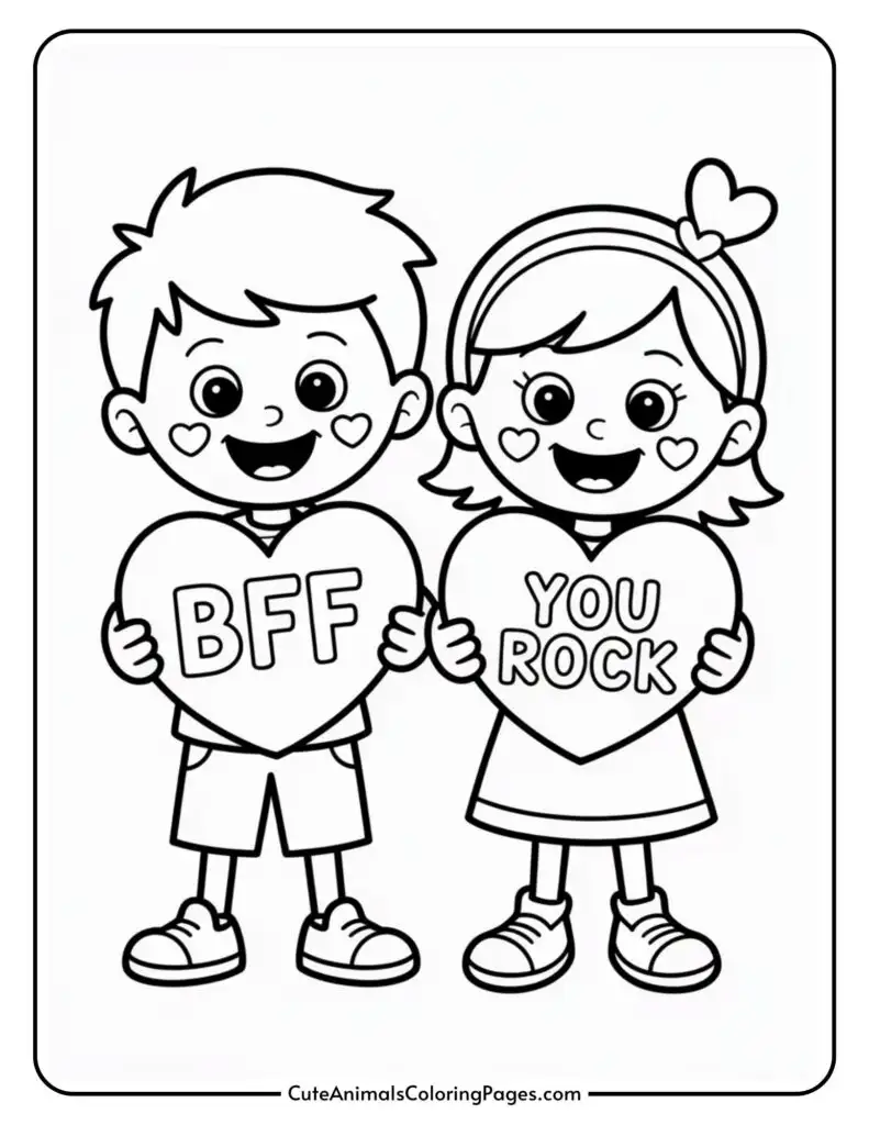 Two cartoon children holding heart-shaped signs; one says "BFF" and the other "You Rock," both with heart patterns on their cheeks.
