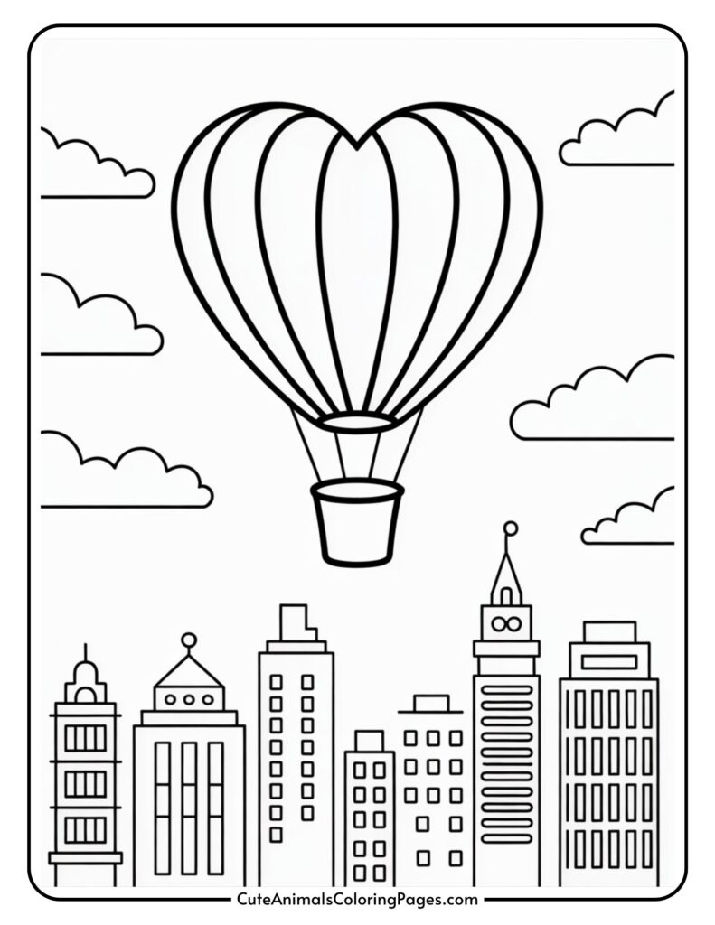 A breathtaking hot air balloon floats above a cityscape with various buildings and scattered clouds.