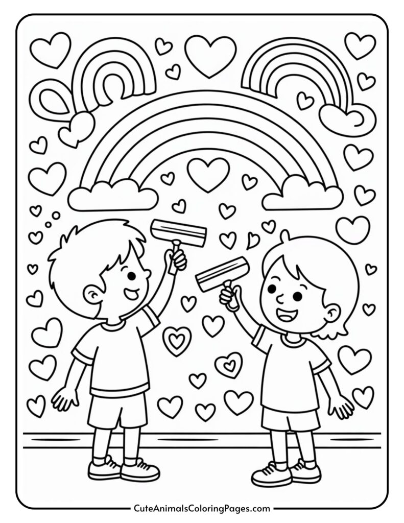 Two children happily draw colors and hearts in a coloring page scene.