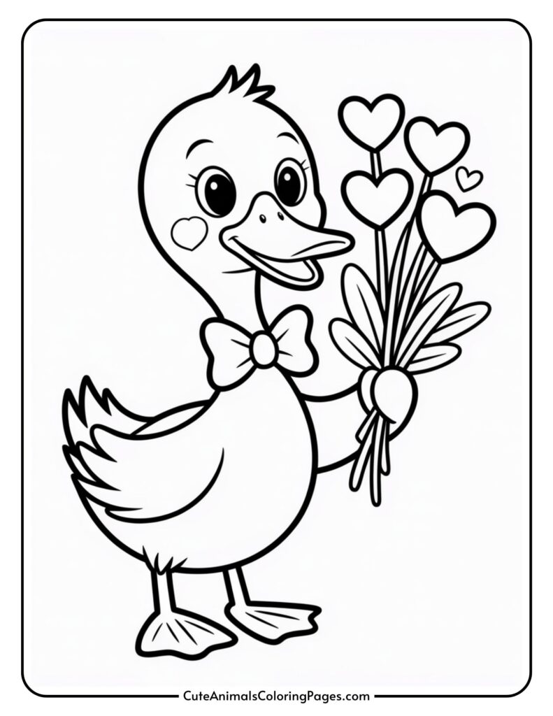 A cartoon ode wearing a bow holds a bouquet of hearty flowers.