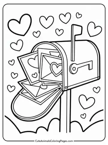 A mailbox with envelopes featuring hearts, surrounded by floating hearts.