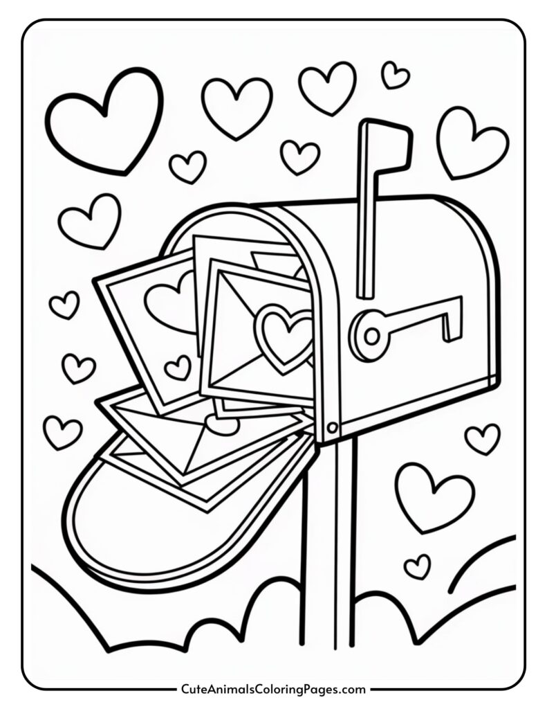 A mailbox is surrounded by floating hearts with envelopes containing hearts.