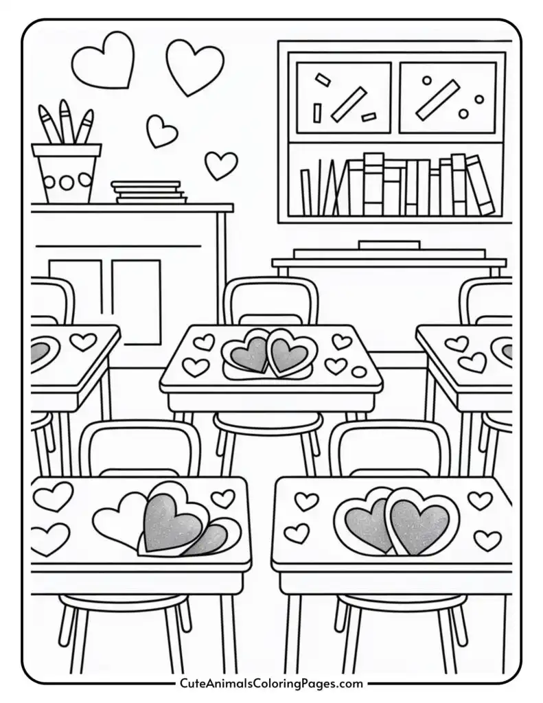 A classroom with decorated desks featuring heart shapes and bookshelves in the background; coloring page style.
