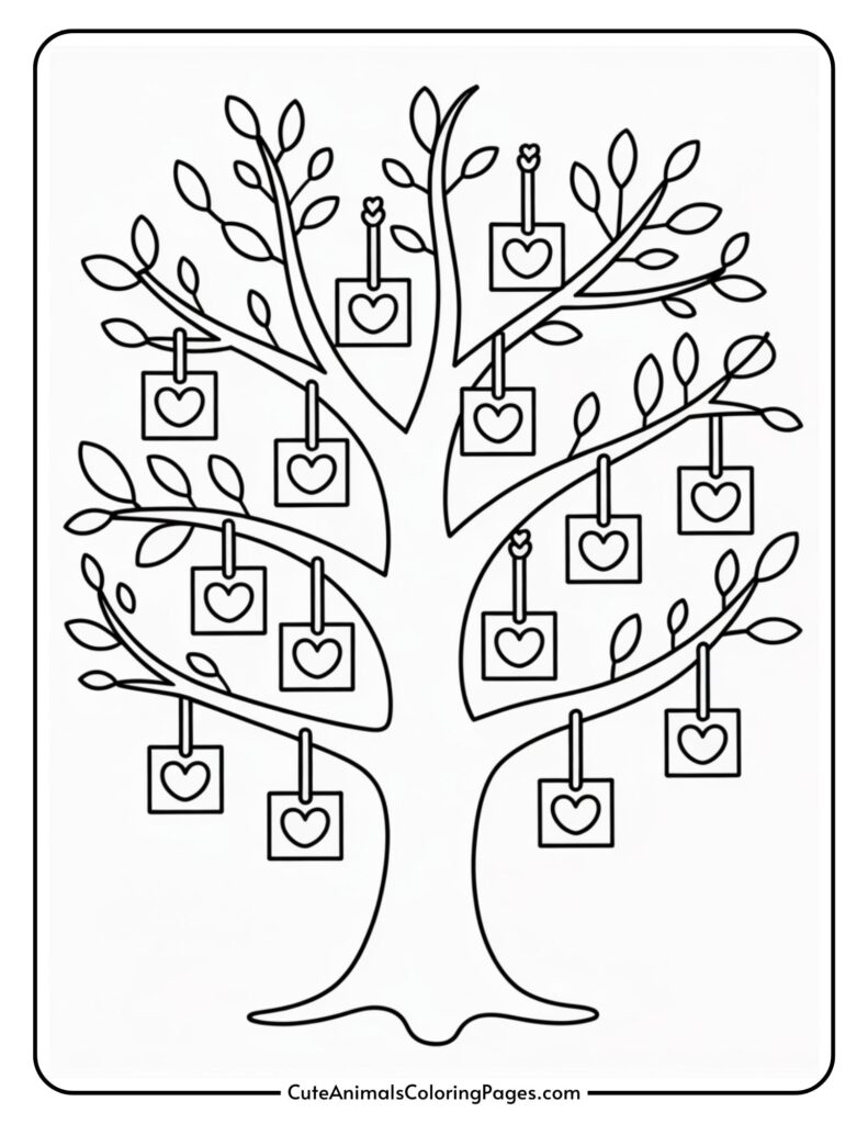 A colorful wooden page with hanging square squares, each with a heart symbol.