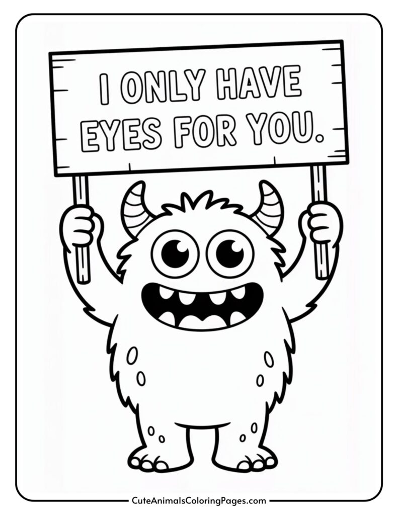 A grinning cartoon monster with claws holds a sign that says, 
