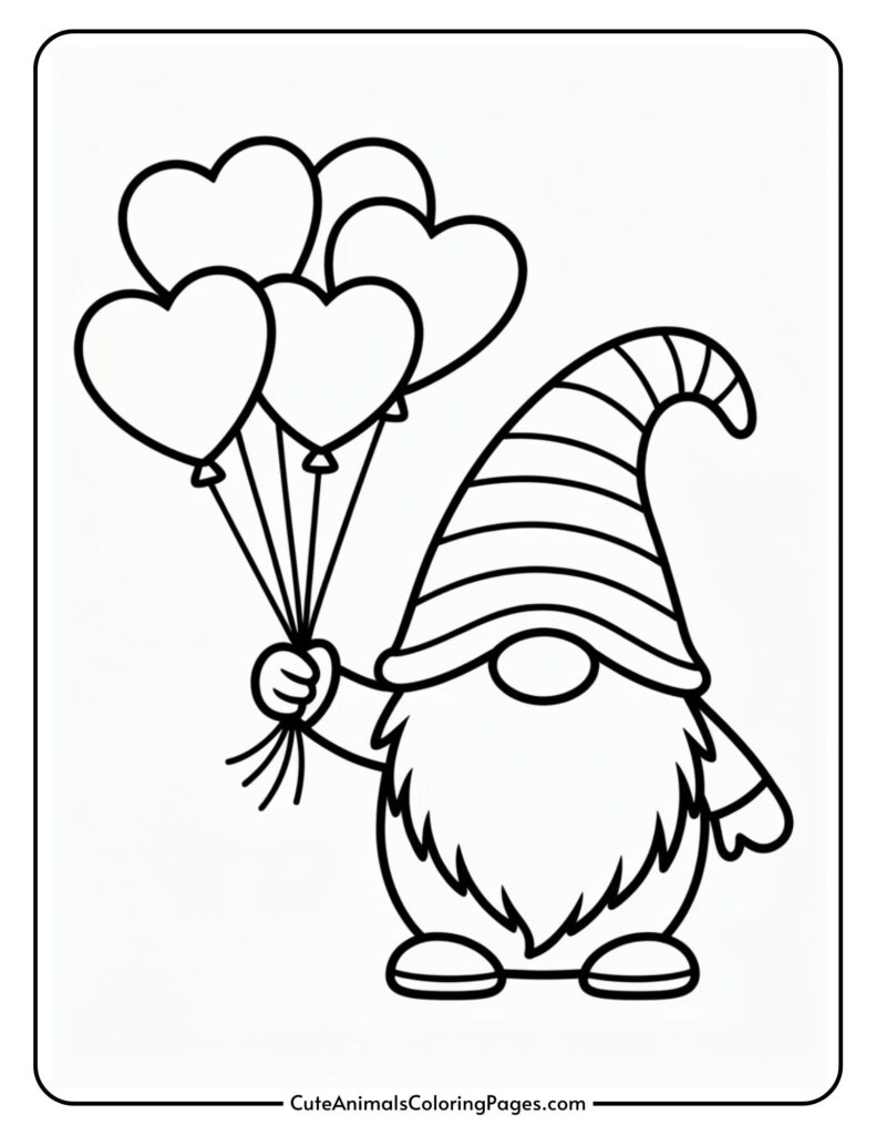 A cartoon gnome holding a bunch of heart-shaped balloons.