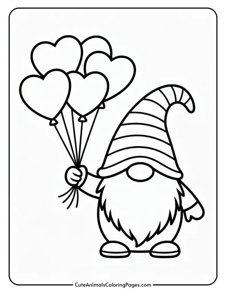 A cartoon gnome holding a bunch of heart-shaped balloons.