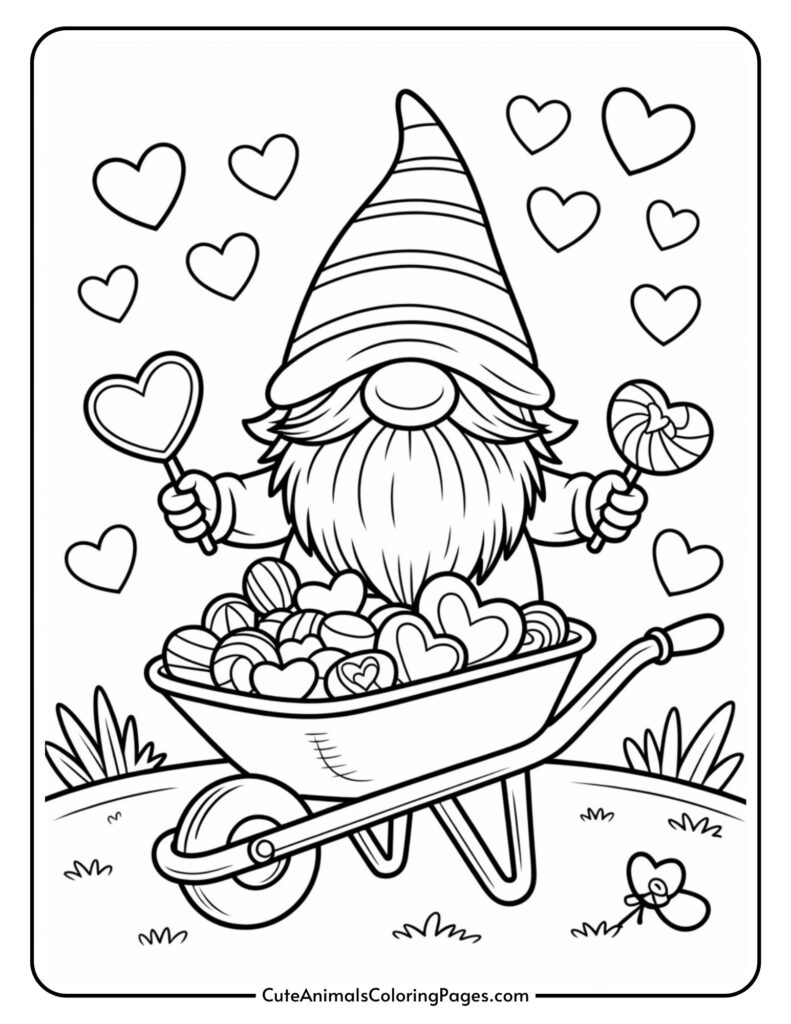 A gnome stands with a wheel full of charms, holding two heart loaves, surrounded by floating hearts.