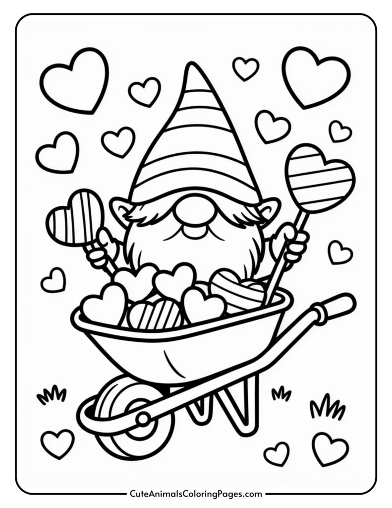 A gnome in a striped dress in a circle filled with hearts, surrounded by other hearts and herbs.