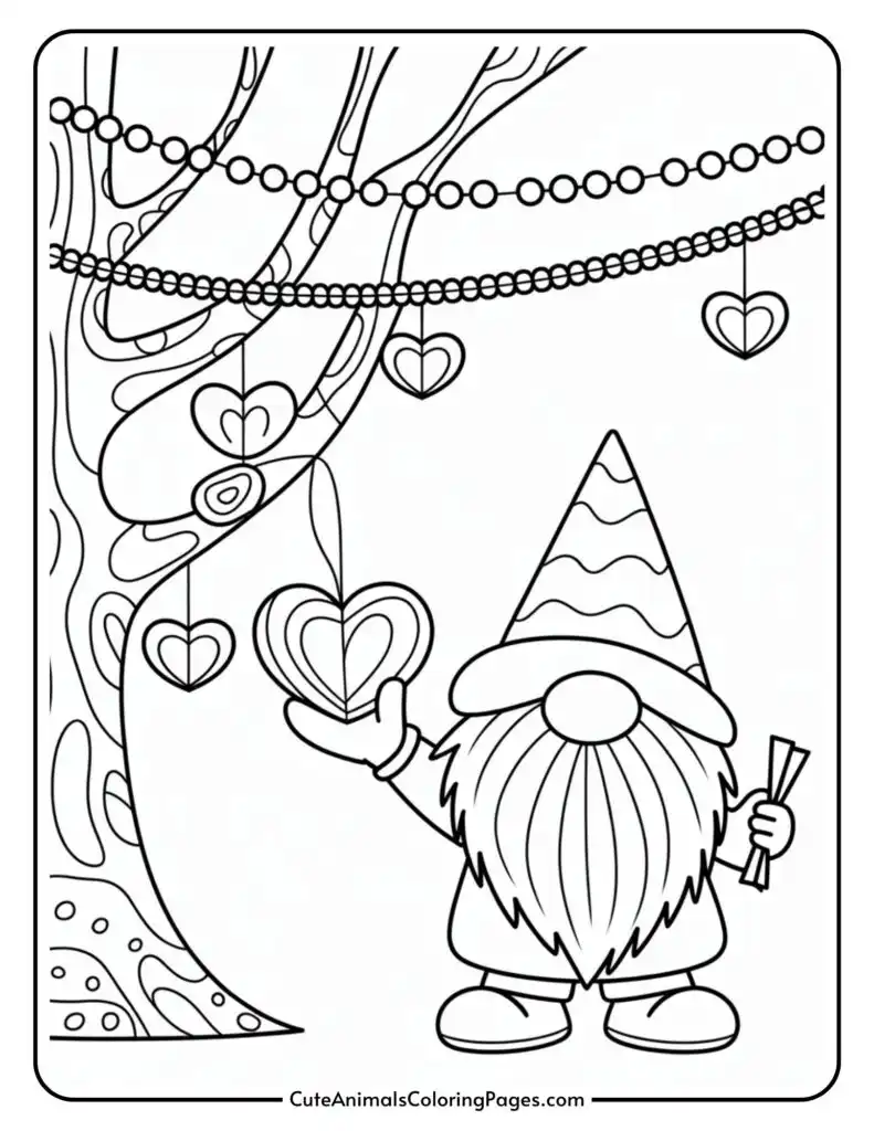 A gnome holding a heart ornament stands near a tree decorated with hanging hearts and beads.