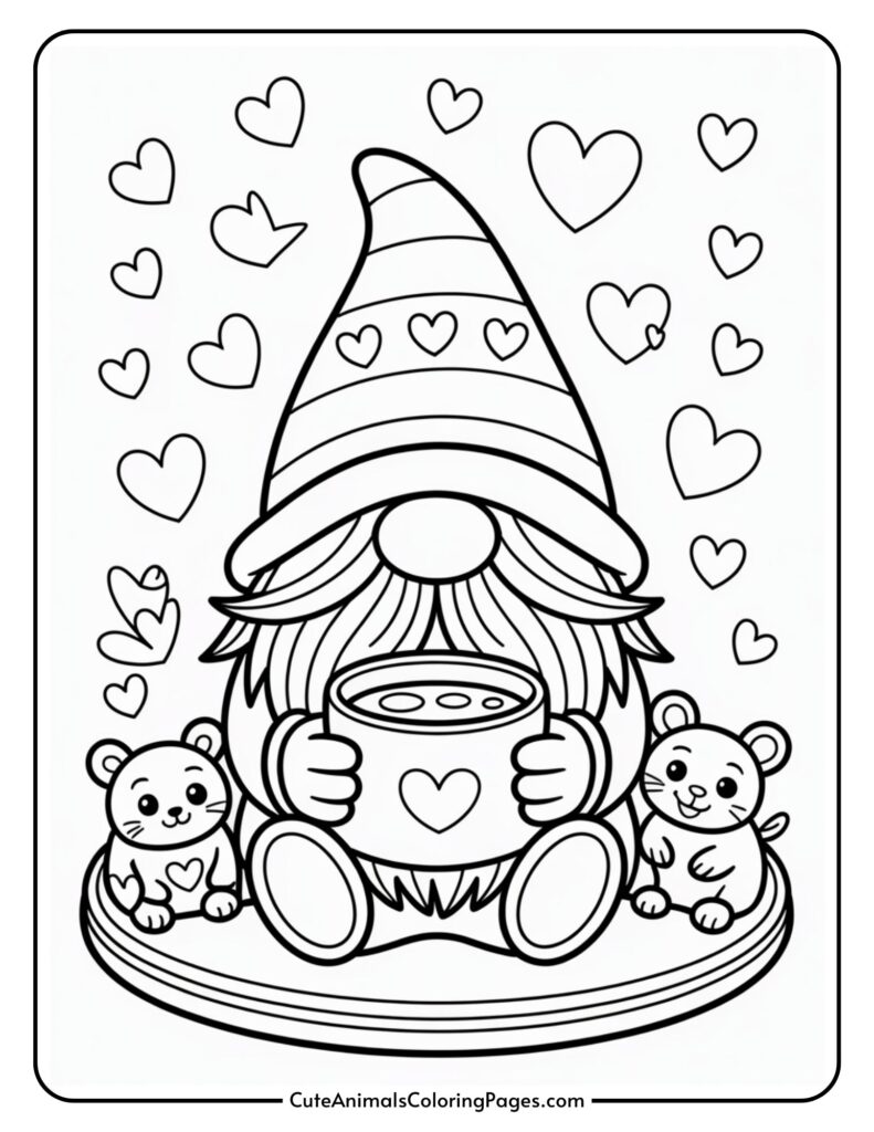 A dog in a striped hat holds a heart-decorated bowl, surrounded by hearts and two small bears.