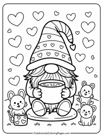 A gnome with a striped hat holds a mug, surrounded by hearts and two small animals, one with a gift bag.