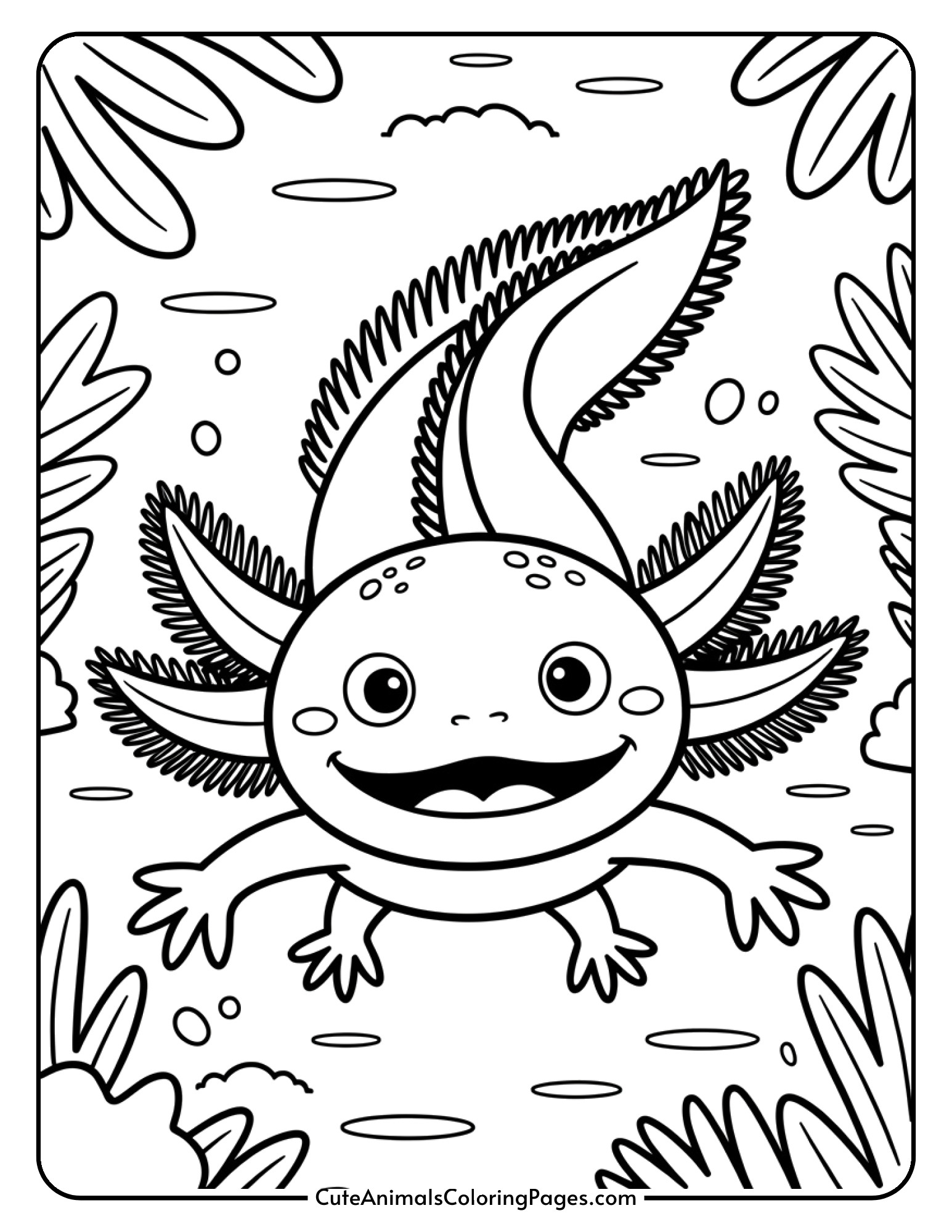 A cheerful axolotl with decorative external gills and a friendly smile.