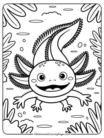 A cheerful axolotl with decorative external gills and a friendly smile.