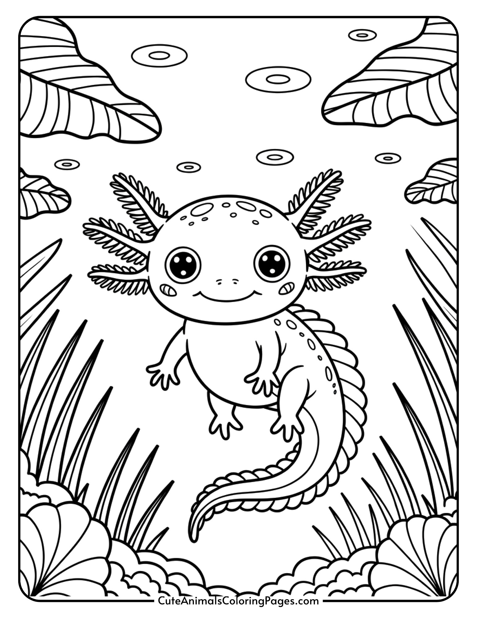 An adorable baby axolotl with oversized eyes and tiny decorative gills.