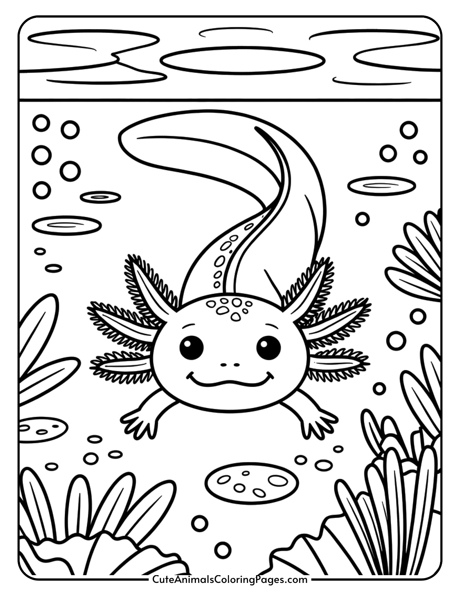 An axolotl swimming in an underwater scene with aquatic plants and floating bubbles.