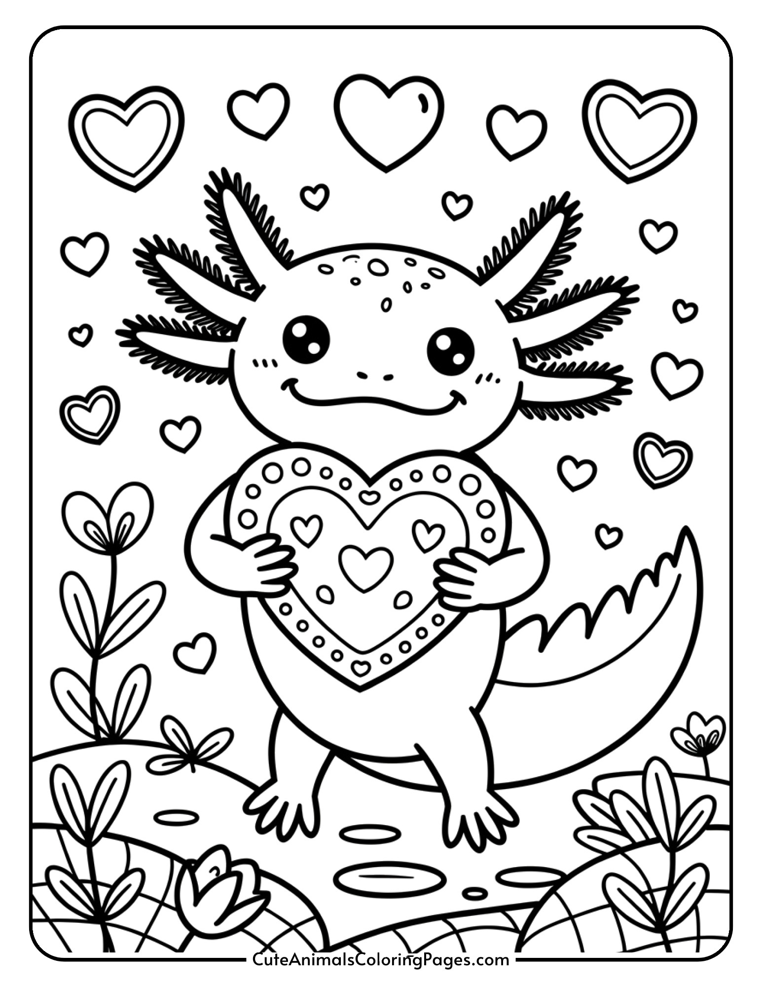 A sweet axolotl holding a large heart with a gentle smile.