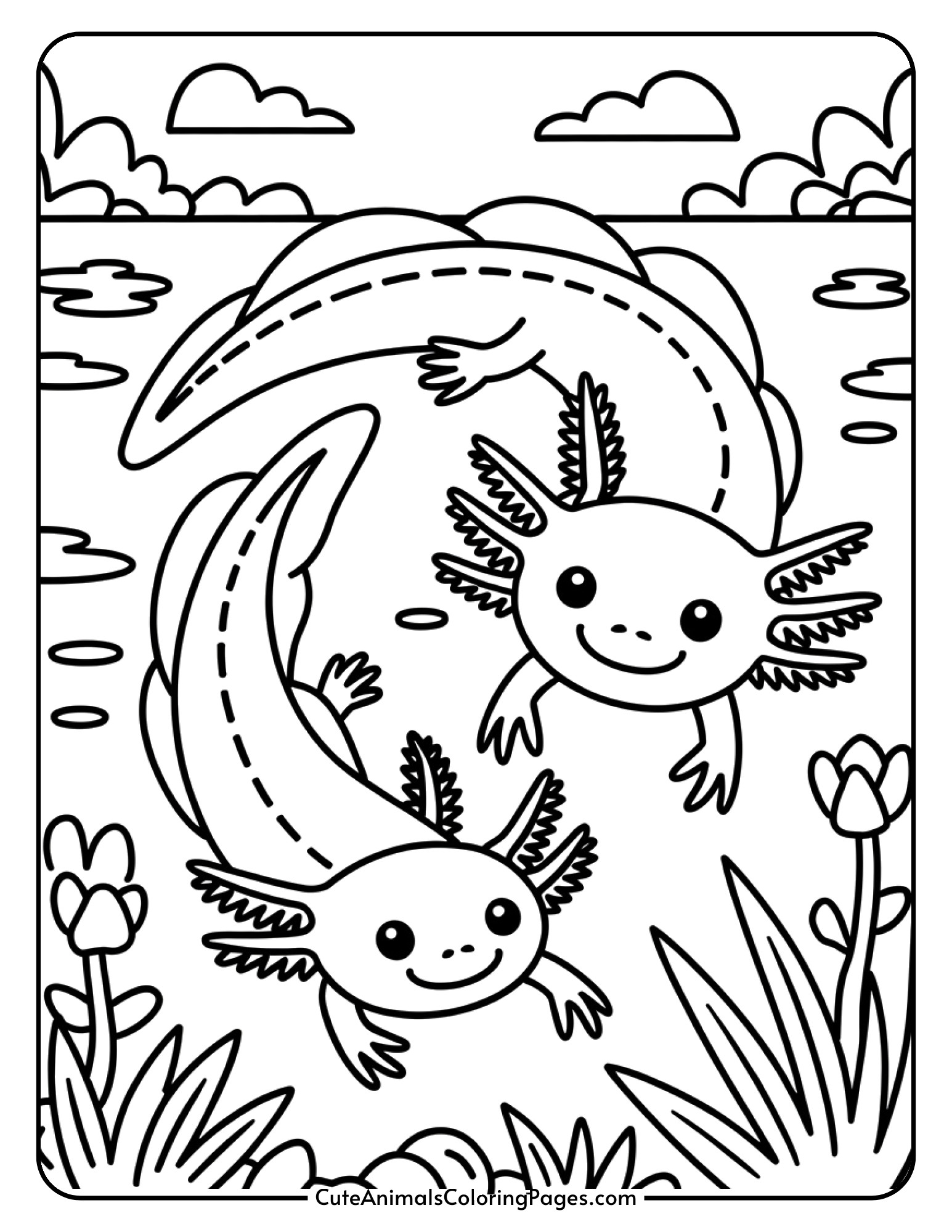 Two friendly axolotls swimming side by side with happy expressions.