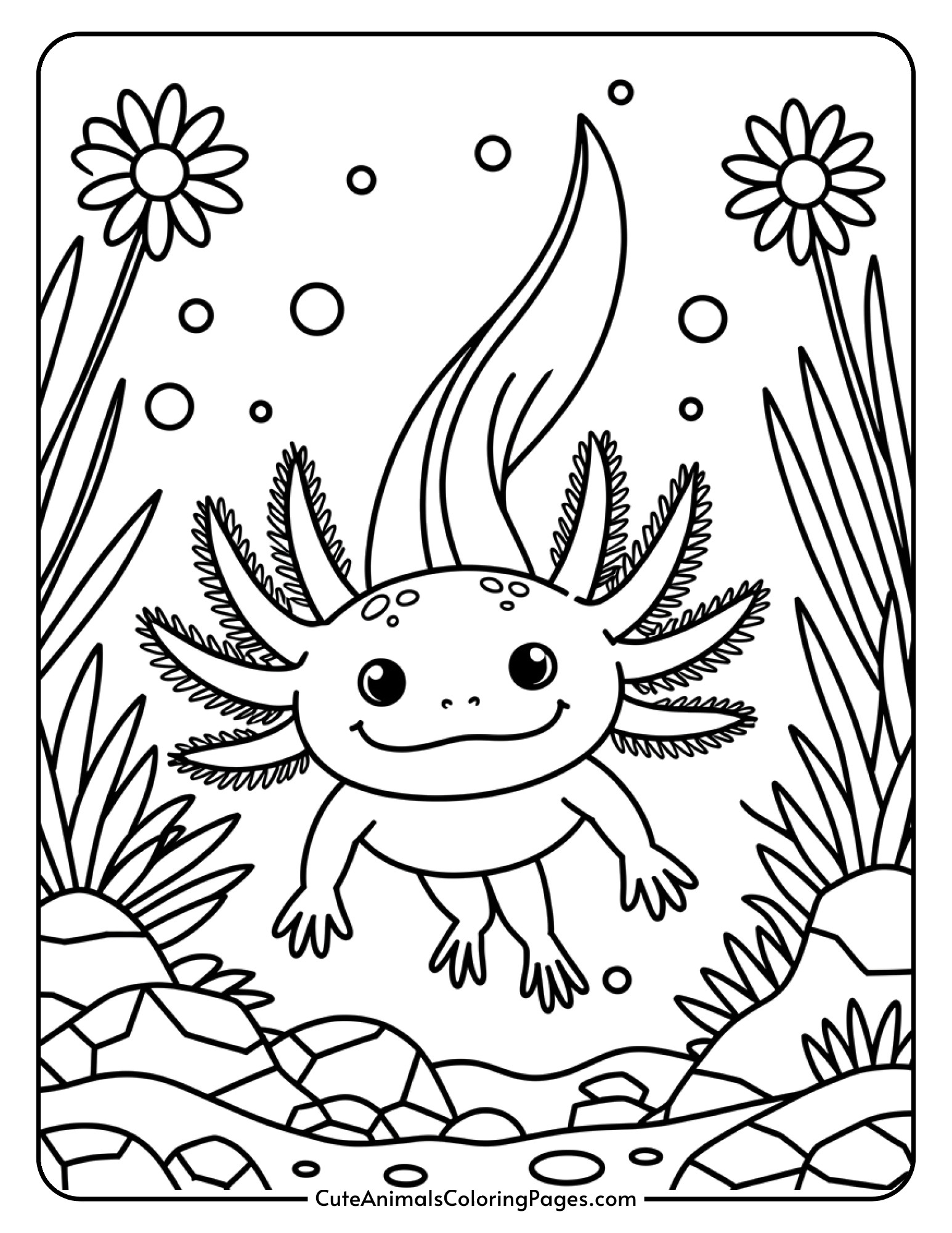 An axolotl swimming in a fish tank with rocks, plants, and aquarium decorations.