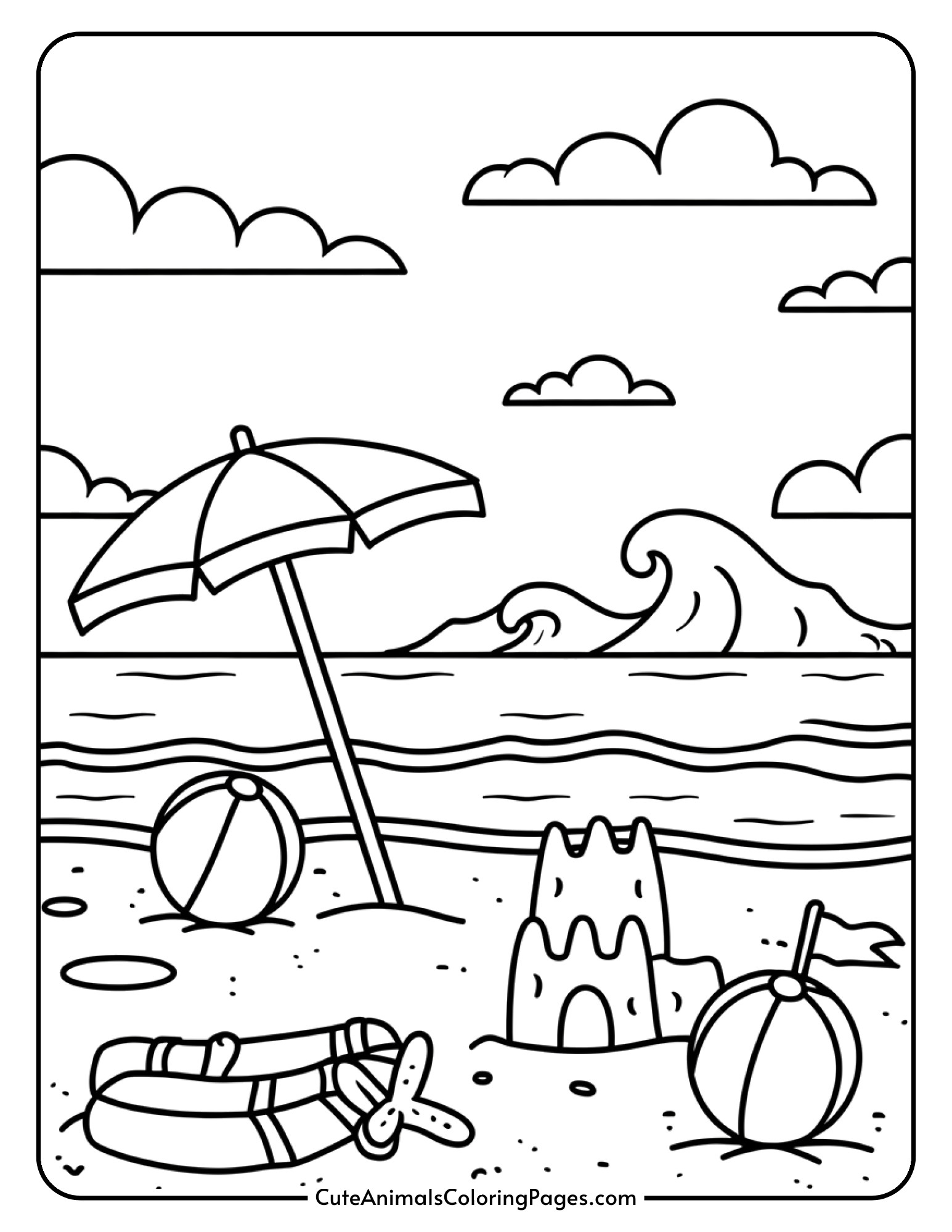 A cheerful beach scene showing an umbrella, beach ball, sandcastle, and ocean waves.