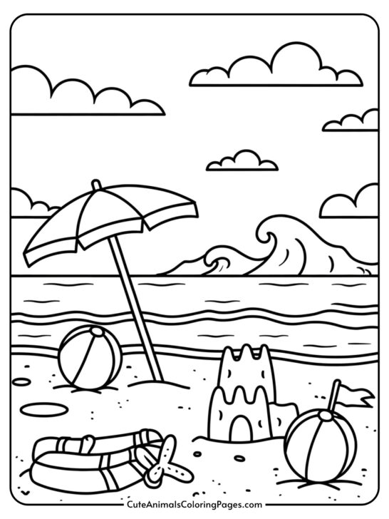 A cheerful beach scene showing an umbrella, beach ball, sandcastle, and ocean waves.