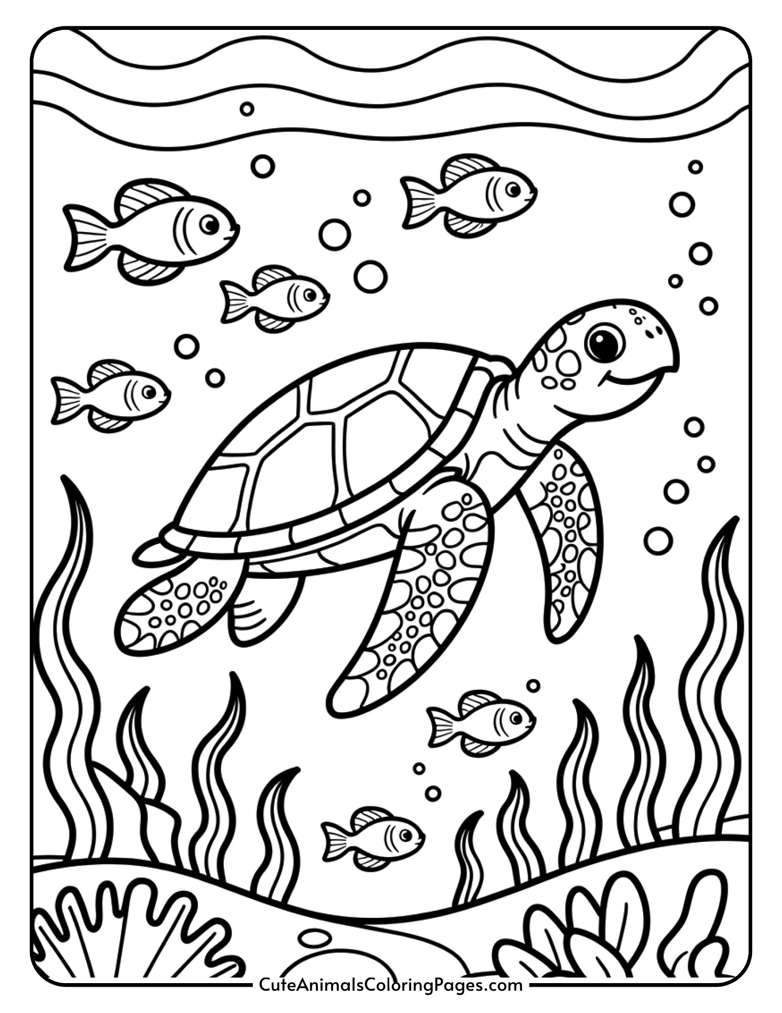A smiling sea turtle swimming underwater surrounded by small fish and bubbles.