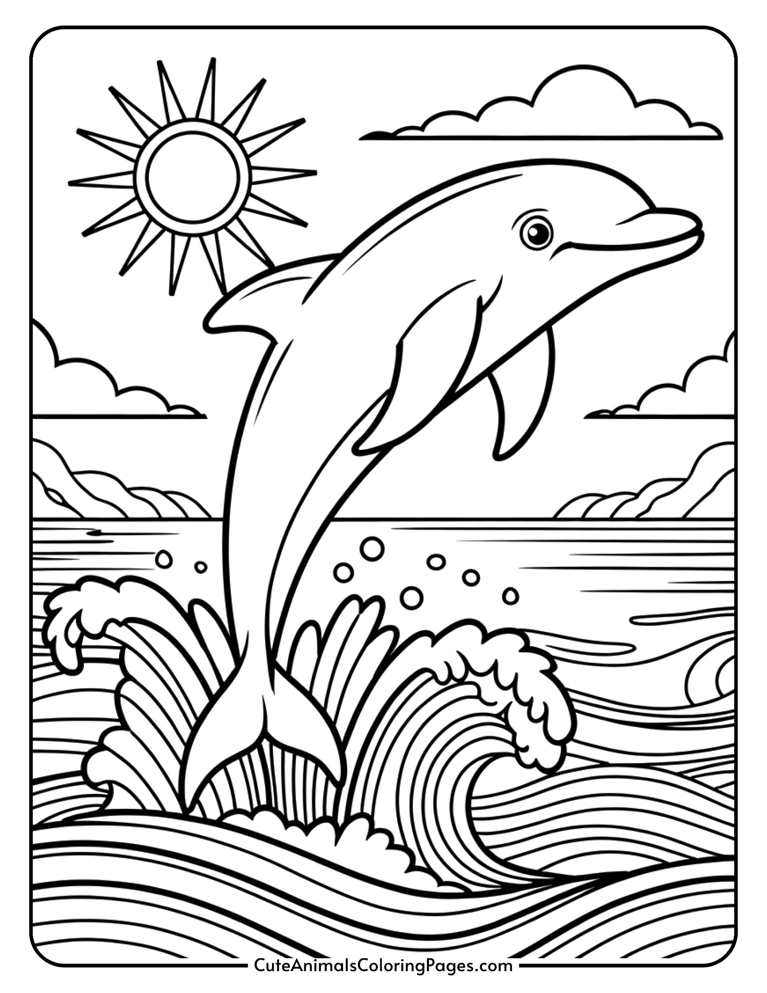 A cheerful dolphin jumping out of the ocean waves with a sun and clouds in the background.