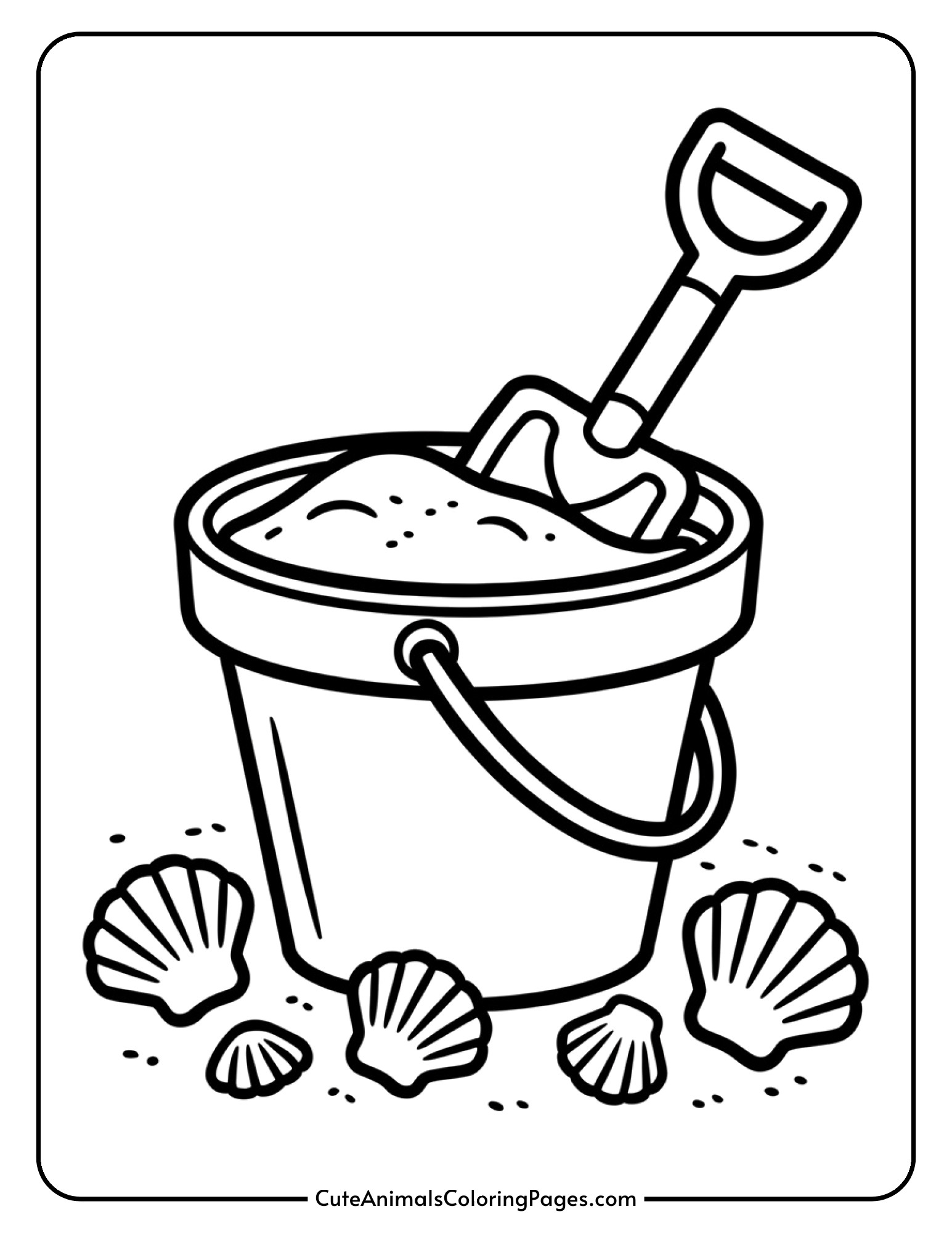 A beach bucket filled with sand next to a shovel with seashells scattered around them.