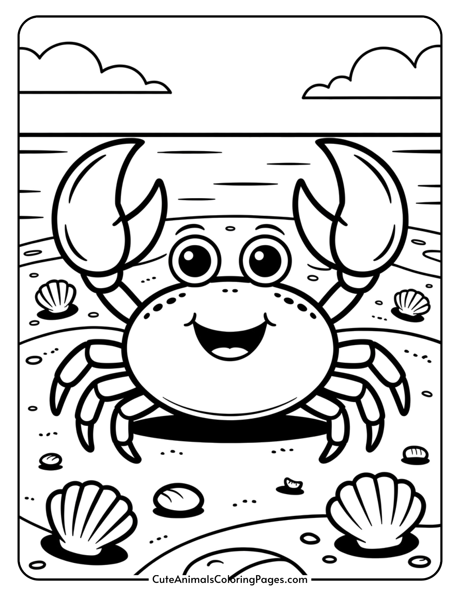 A friendly crab on the sandy beach surrounded by small shells and pebbles.