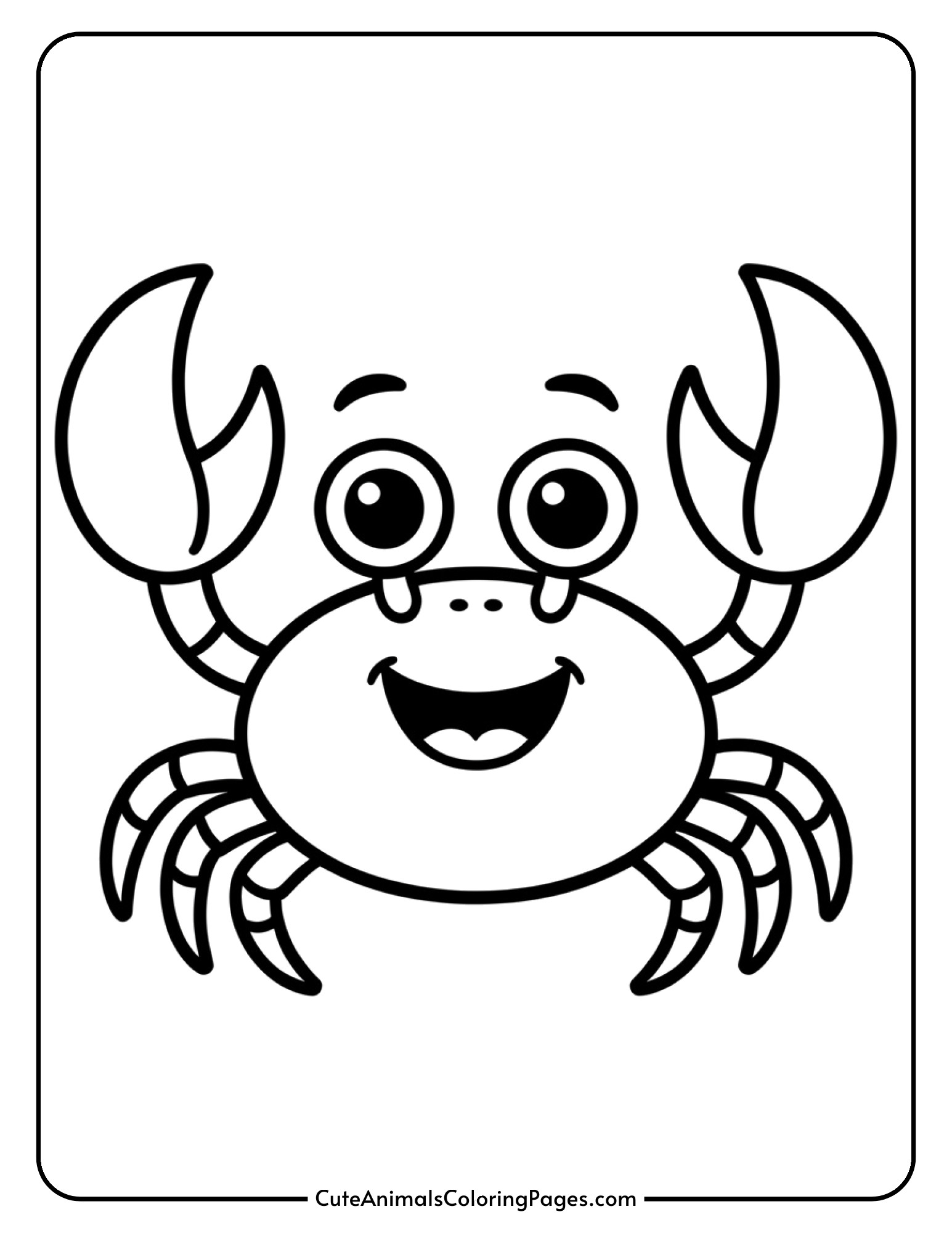A cheerful cartoon crab with large friendly eyes and claws raised in a waving gesture.