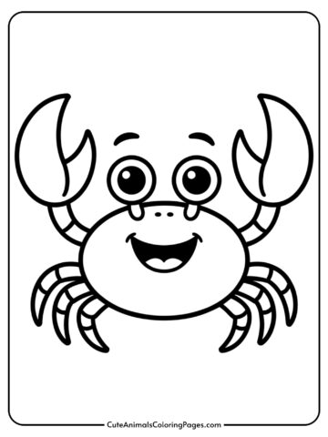 A cheerful cartoon crab with large friendly eyes and claws raised in a waving gesture.