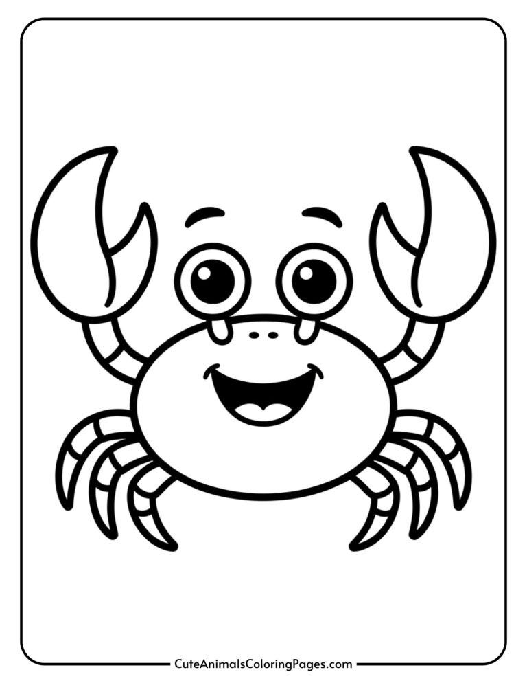 A cheerful cartoon crab with large friendly eyes and claws raised in a waving gesture.